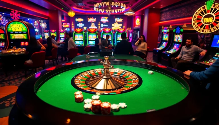 Players engage in thrilling casino games at new88bet, highlighted by a vibrant roulette wheel and poker action.