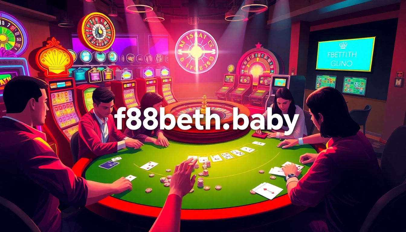 Experience the excitement of f8betht.baby with players at a blackjack table in a bustling casino atmosphere full of vibrant slot machines.
